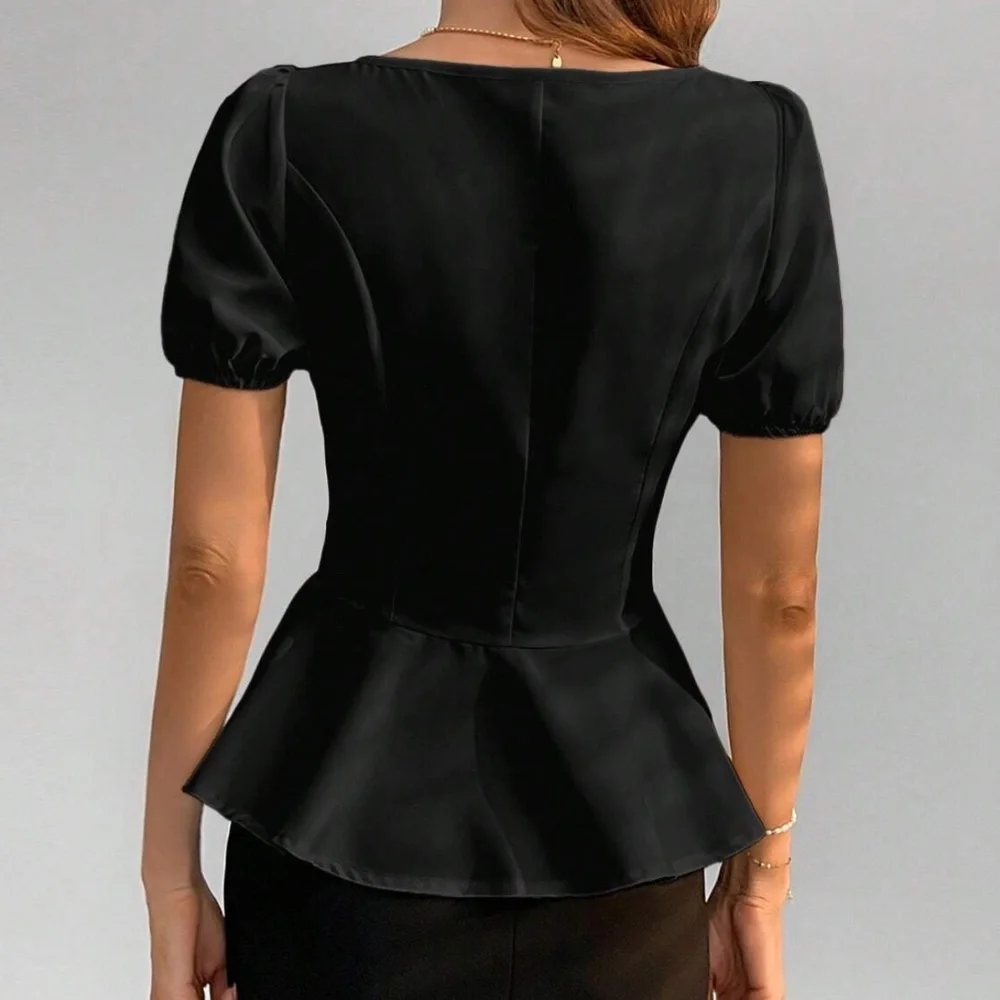 Classic Solid Puff Sleeve Ruffle Hem Blouse - Picture 6 of 12